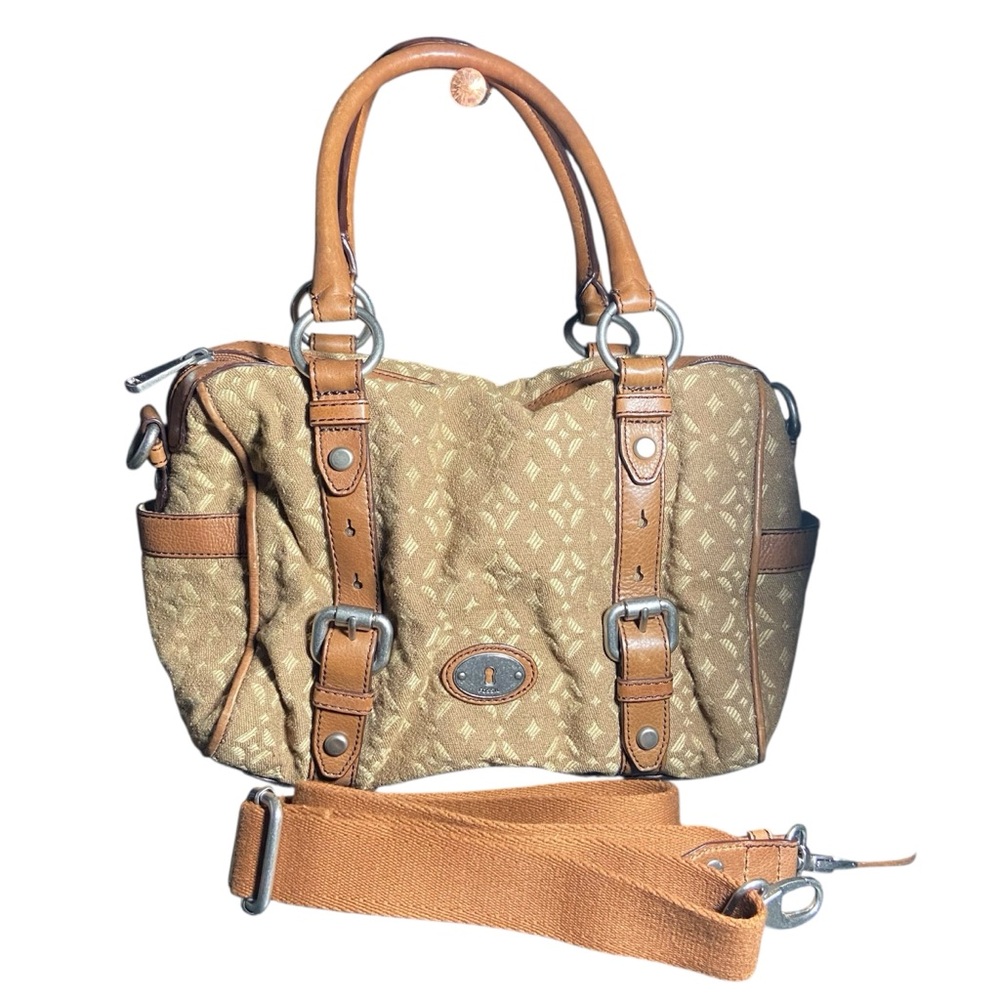Fossil Maddox Textile Leather Satchel Tan Brown Handbag with Shoulder Strap